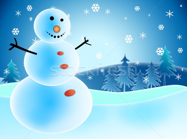 Foto stock: Ilustrado · boneco · de · neve · neve · flocos · de · neve · felicidade · árvore