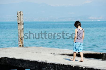 Fiú gyönyörű tó dokk gyerek fából készült Stock fotó © zurijeta