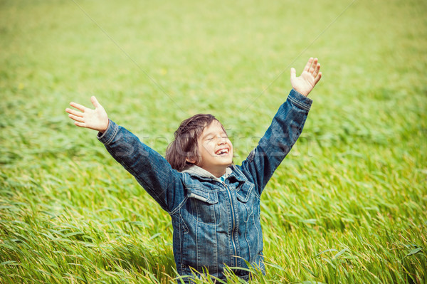 Opgewonden kid mooie groene Geel grasveld Stockfoto © zurijeta