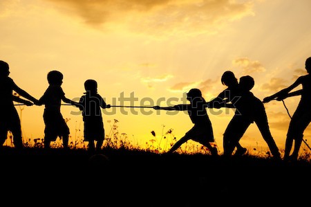 Stockfoto: Silhouet · groep · gelukkig · kinderen · spelen · weide