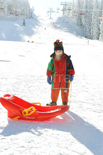 Zdjęcia stock: Dziecko · śniegu · sanki · zamrożone · oddech · na · zewnątrz