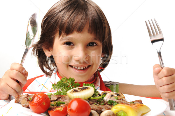 Foto stock: Cute · positivo · nino · tenedor · cuchillo · comer