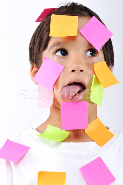 Foto stock: Pequeno · menino · memorando · notas · cara · negócio