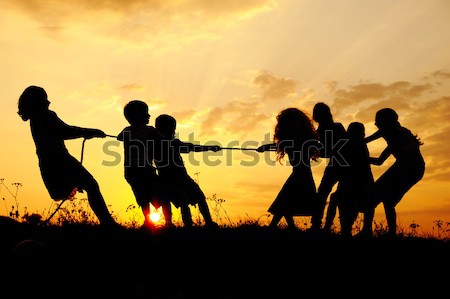 Imagine de stoc: Siluetă · grup · fericit · copii · joc · luncă