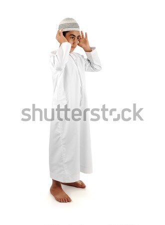 Islamic pray explanation full serie. Arabic child showing complete Muslim movements while praying, s Stock photo © zurijeta