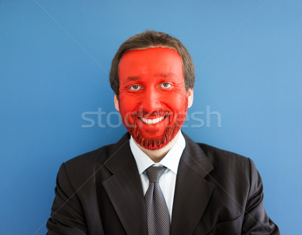 Stockfoto: Jonge · man · Rood · geschilderd · gezicht · exemplaar · ruimte · glimlach