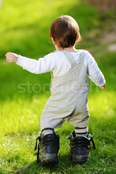 Baby kid walking on the green grass Stock photo © zurijeta