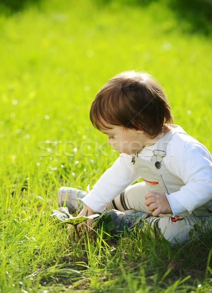 Baba ül zöld fű park mosolyog nyár Stock fotó © zurijeta