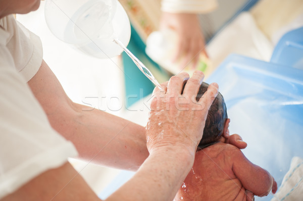 Stockfoto: Pasgeboren · baby · eerste · bad · hand · home