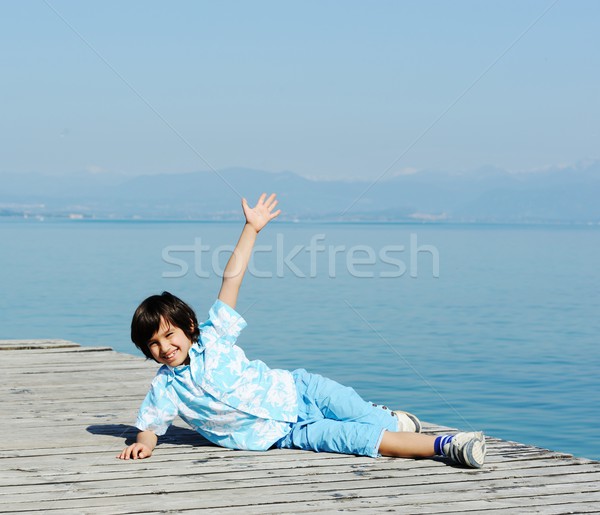 Junge schönen See Dock kid Holz Stock foto © zurijeta
