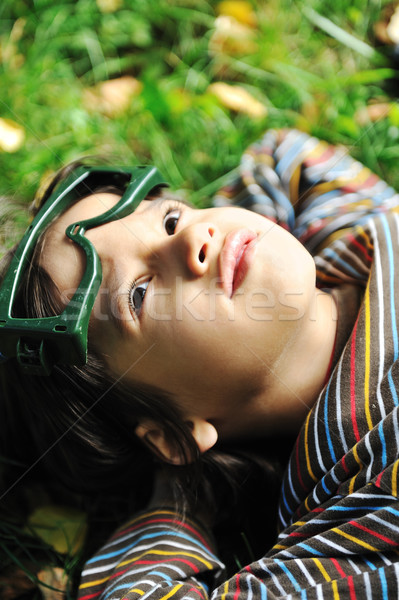 Aranyos pozitív fiú szemüveg fektet zöld fű Stock fotó © zurijeta