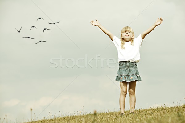 Filtered image of little kid on summer grass meadow in nature Stock photo © zurijeta