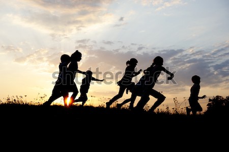 Stok fotoğraf: Siluet · grup · mutlu · çocuklar · oynama · çayır