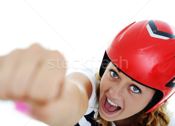 [[stock_photo]]: Super · fille · rouge · casque · battant