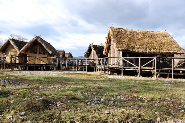 Old authentic village with wooden houses and straw on roof Stock photo © zurijeta