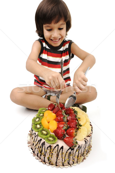 Kid mangiare torta di frutta torta divertimento ragazzo Foto d'archivio © zurijeta
