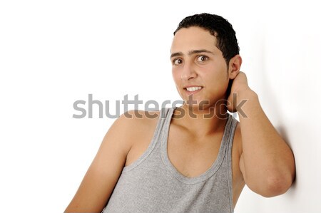 Stock foto: Jungen · guy · Unterhemd · isoliert · Hände · Gesicht