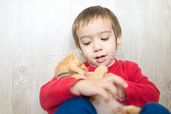 Happy little kid holding yellow kitty cat Stock photo © zurijeta