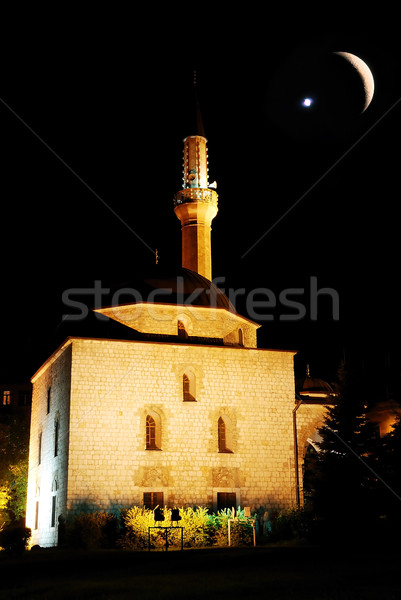 Mosque at night and crescent and star on sky Stock photo © zurijeta