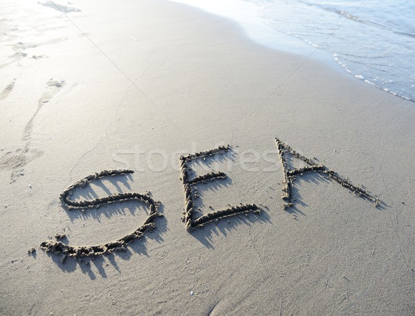 Napis piasku piękna surfowania wakacje morza Zdjęcia stock © zurijeta