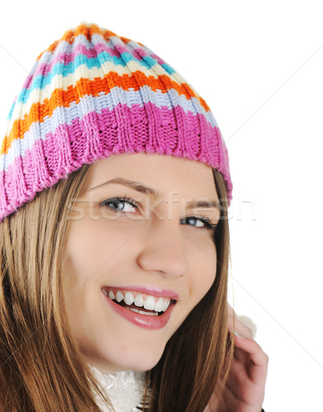 Сток-фото: счастливым · зима · красивая · девушка · стороны · улыбка · лице