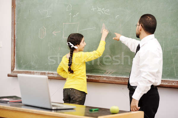 Stock fotó: Tanár · segít · iskolás · lány · tábla · laptop · asztal