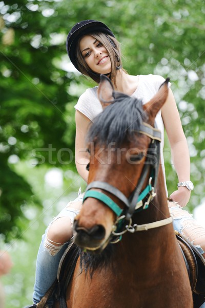 Foto stock: Imagem · feliz · feminino · sessão · cavalo · aldeia