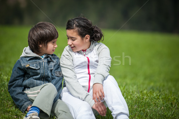 Boy and girl having beautiful spring vacation in idyllic Alps Stock photo © zurijeta