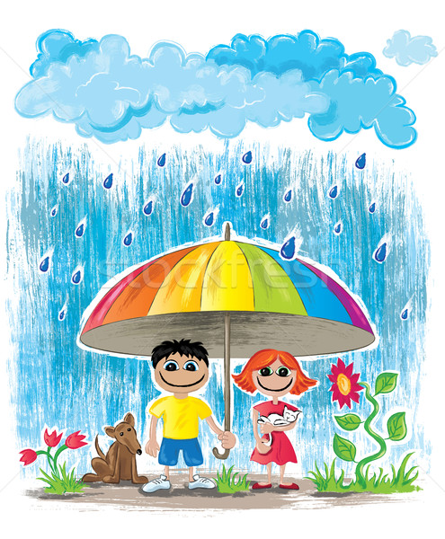 rainy day children with dog and cat hiding under umbrella stock photo ...