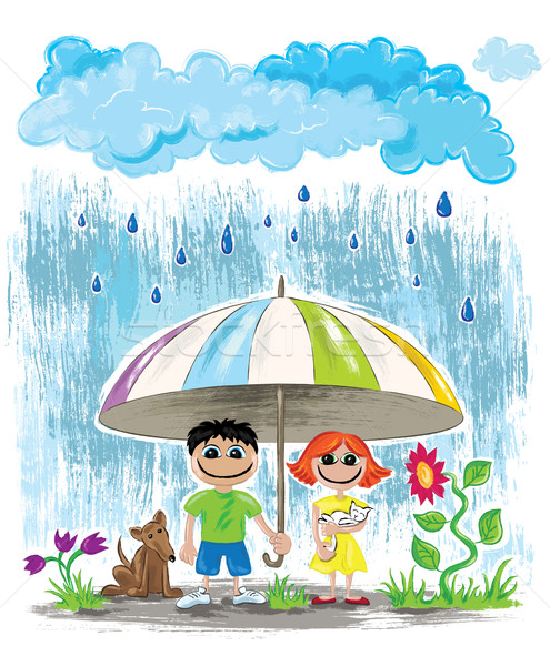 Foto stock: Lluvioso · día · ninos · ocultación · paraguas · gato
