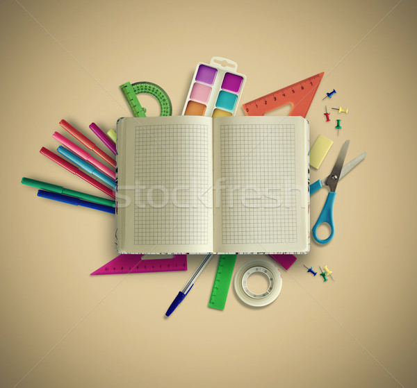 Stock foto: Zurück · in · die · Schule · Schulbedarf · Licht · gelb · Papier · Buch